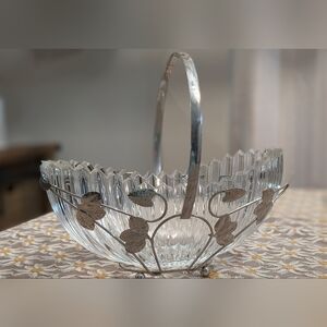 RARE English Silverplated  Leaves Basket w/ HEAVY Hand Cut Glass Bowl 30s/40s